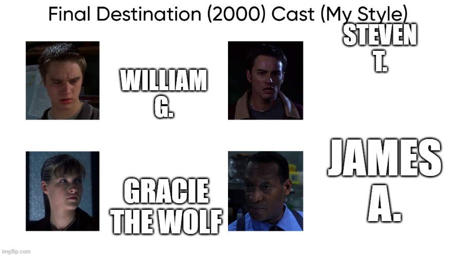Final Destination (2000) Cast (My Style) | STEVEN
T. WILLIAM
G. JAMES
A. GRACIE
THE WOLF | image tagged in final destination 2000 cast my style | made w/ Imgflip meme maker