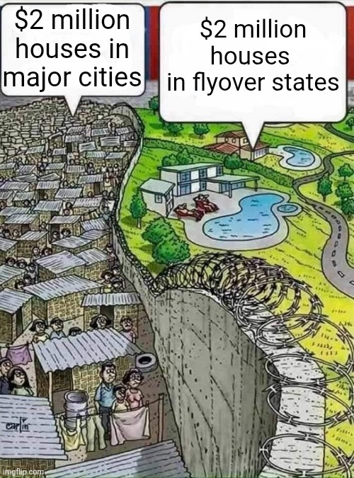 You know how the housing market is in different states | $2 million houses in major cities; $2 million houses 
in flyover states | image tagged in poor vs rich,housing,homes,real estate | made w/ Imgflip meme maker