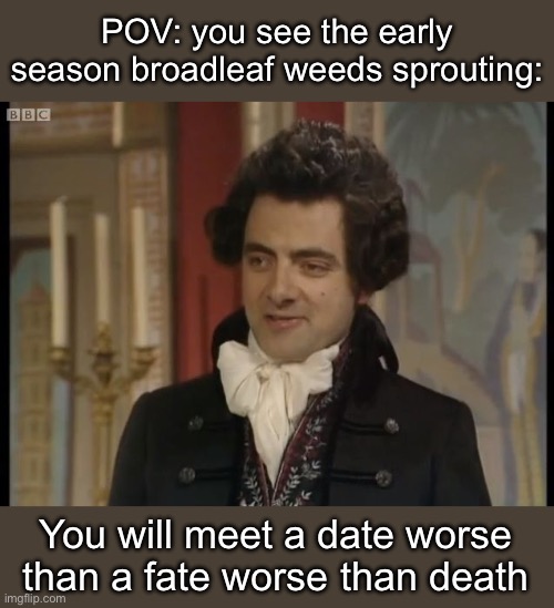 A fate worse | POV: you see the early season broadleaf weeds sprouting:; You will meet a date worse than a fate worse than death | image tagged in blackadder,fate,worse than hitler,death,doom | made w/ Imgflip meme maker