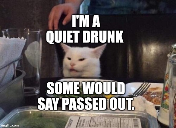 Smudge that darn cat | I'M A QUIET DRUNK; SOME WOULD SAY PASSED OUT. | image tagged in smudge that darn cat | made w/ Imgflip meme maker