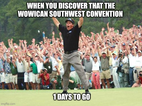 Let's somebody celebrate | WHEN YOU DISCOVER THAT THE WOWICAN SOUTHWEST CONVENTION; 1 DAYS TO GO | image tagged in golf celebration | made w/ Imgflip meme maker