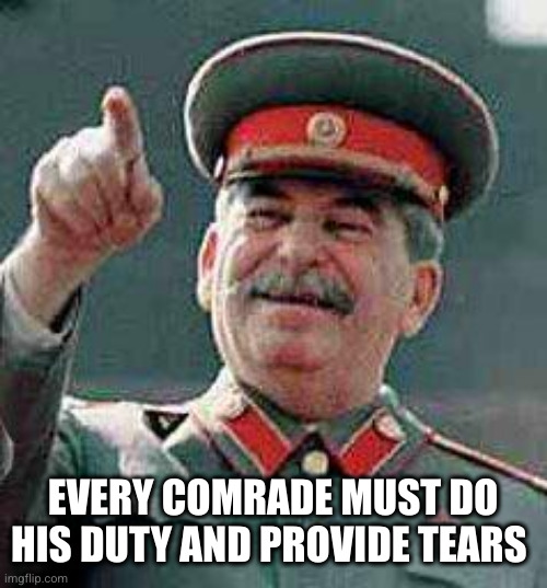 Stalin says | EVERY COMRADE MUST DO HIS DUTY AND PROVIDE TEARS | image tagged in stalin says | made w/ Imgflip meme maker