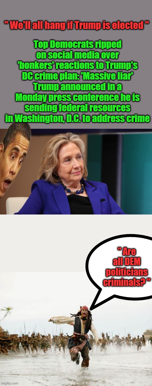 Top Democrats ripped on social media over 'bonkers' reactions to Trump's DC crime plan: 'Massive liar'
Trump announced in a Monday press conference he is sending federal resources in Washington, D.C. to address crime; " We'll all hang if Trump is elected "; " Are all DEM politicians criminals? " | image tagged in memes,jack sparrow being chased | made w/ Imgflip meme maker