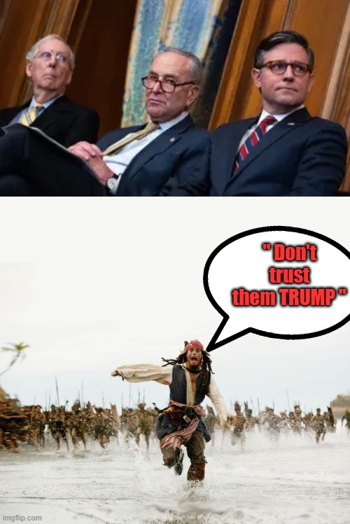 Is it just me or do they look guilty ? | " Don't trust them TRUMP " | image tagged in memes,jack sparrow being chased | made w/ Imgflip meme maker