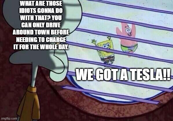 TESLA SUCKS!!! | WHAT ARE THOSE IDIOTS GONNA DO WITH THAT? YOU CAN ONLY DRIVE AROUND TOWN BEFORE NEEDING TO CHARGE IT FOR THE WHOLE DAY. WE GOT A TESLA!! | image tagged in squidward window,tesla,tesla sucks | made w/ Imgflip meme maker