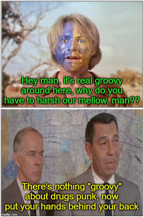 Go get 'em, Joe | Hey man, it's real groovy around here, why do you have to harsh our mellow, man?? There's nothing "groovy" about drugs punk, now put your hands behind your back | image tagged in drugs,dragnet,joe friday,busted,groovy | made w/ Imgflip meme maker