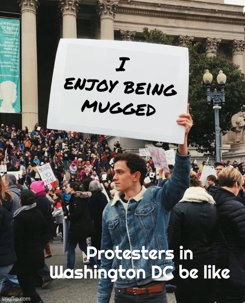 You just can't make this stuff up | I enjoy being mugged; Protesters in Washington DC be like | image tagged in man holding sign,cool crimes,nobody is born cool,criminals,stupid liberals,trump derangement syndrome | made w/ Imgflip meme maker