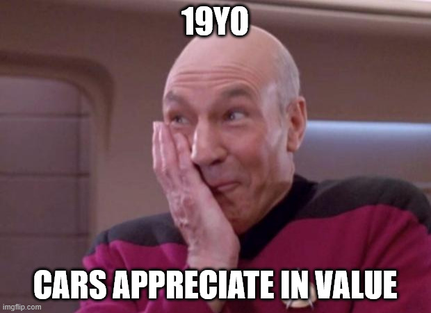 Picard smirk | 19YO; CARS APPRECIATE IN VALUE | image tagged in picard smirk | made w/ Imgflip meme maker
