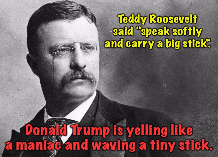 Or something that rhymes with stick. | Teddy Roosevelt said "speak softly and carry a big stick". Donald Trump is yelling like a maniac and waving a tiny stick. | image tagged in theodore roosevelt | made w/ Imgflip meme maker