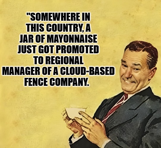 "SOMEWHERE IN THIS COUNTRY, A JAR OF MAYONNAISE JUST GOT PROMOTED TO REGIONAL MANAGER OF A CLOUD-BASED FENCE COMPANY. | made w/ Imgflip meme maker