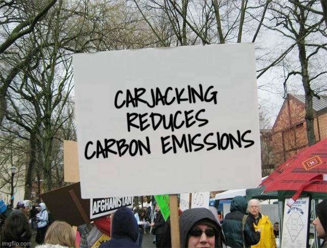 Blank protest sign | CARJACKING REDUCES CARBON EMISSIONS | image tagged in blank protest sign | made w/ Imgflip meme maker