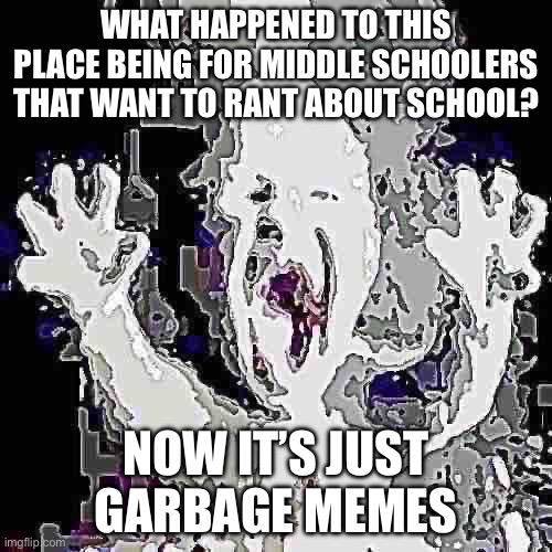 Like what happened, this isn’t a meme stream guys, just rant about school being garbage because we’re middle schoolers | WHAT HAPPENED TO THIS PLACE BEING FOR MIDDLE SCHOOLERS THAT WANT TO RANT ABOUT SCHOOL? NOW IT’S JUST GARBAGE MEMES | image tagged in low quality ash baby | made w/ Imgflip meme maker