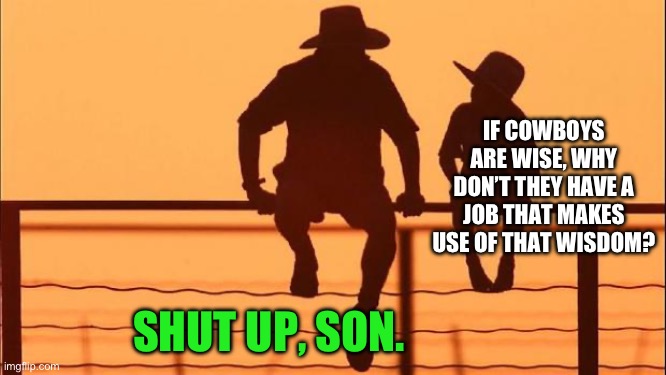 Every time I see this template it’s used to say something extremely stupid. | IF COWBOYS ARE WISE, WHY DON’T THEY HAVE A JOB THAT MAKES USE OF THAT WISDOM? SHUT UP, SON. | image tagged in cowboy father and son | made w/ Imgflip meme maker