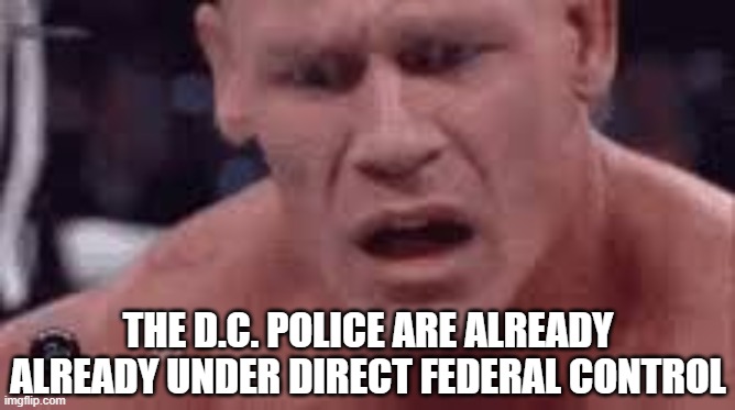 John Cena Sad / Confused | THE D.C. POLICE ARE ALREADY ALREADY UNDER DIRECT FEDERAL CONTROL | image tagged in john cena sad / confused | made w/ Imgflip meme maker