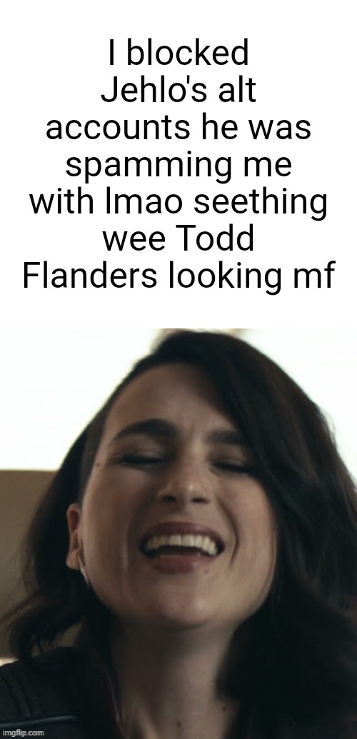 Stormfront laughing | I blocked Jehlo's alt accounts he was spamming me with lmao seething wee Todd Flanders looking mf | image tagged in stormfront laughing | made w/ Imgflip meme maker
