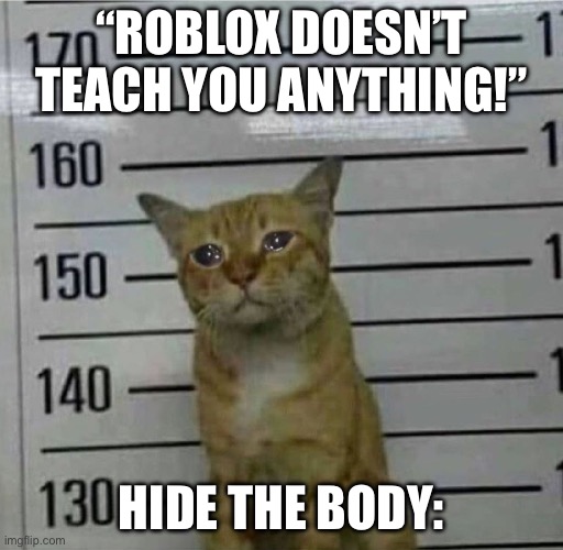 Officer, its this one right here. | “ROBLOX DOESN’T TEACH YOU ANYTHING!”; HIDE THE BODY: | image tagged in roblox,prison | made w/ Imgflip meme maker