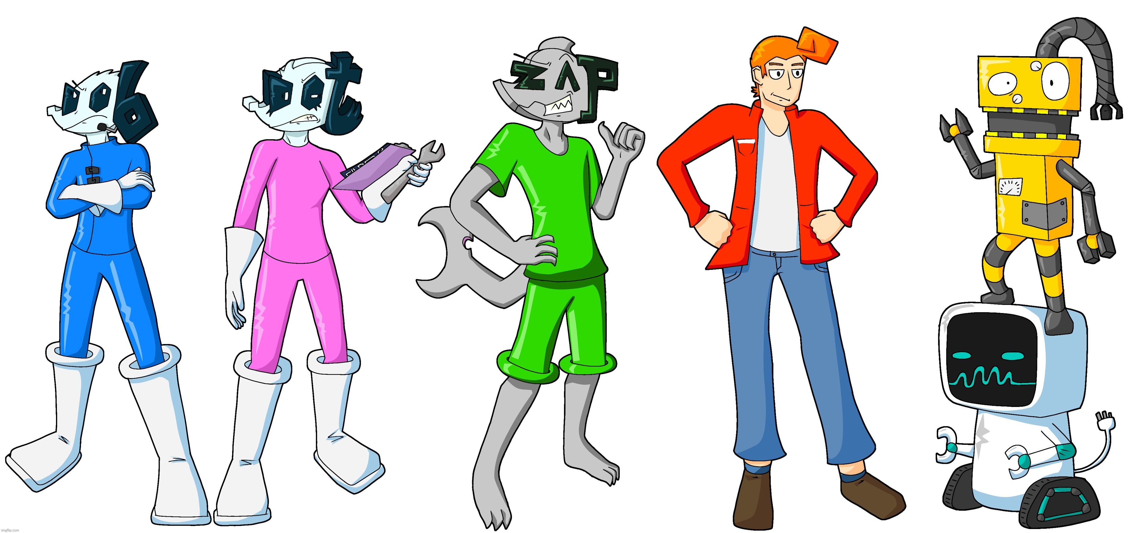 The entire main playable crew for galactic groove. (Trinkit [white&teal] and tricks [yellow&black] aren't playable tho) | made w/ Imgflip meme maker