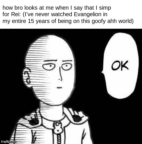 Someone introduce me to this peak | how bro looks at me when I say that I simp for Rei: (I've never watched Evangelion in my entire 15 years of being on this goofy ahh world) | image tagged in soka,evangelion,memes,anime | made w/ Imgflip meme maker