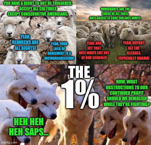 The modern political landscape is a puppet show and it’s painful to watch | YOU HAVE A RIGHT TO NOT BE TRIGGERED.
ACCEPT ALL CULTURES EXCEPT CONSERVATIVE AMERICANS. IMMIGRANTS ARE THE CAUSE OF ALL EVILS.
ANTI-RACIST IS CODE FOR ANTI-WHITE. YEAH, REDNECKS ARE ALL BIGOTS! YEAH, DEPORT ALL THE ILLEGALS, ESPECIALLY OBAMA! YEAH, AND GET THAT ANTI-WHITE CRT OUT OF OUR SCHOOLS! YEAH, YOUR LACK OF AGREEMENT IS A MICROAGGRESSION! THE; NOW, WHAT OBSTRUCTIONS TO OUR CONTINUED PROFIT SHOULD WE DEMOLISH WHILE THEY’RE FIGHTING? 1%; HEH HEH HEH SAPS… | image tagged in manipulation,one percent,democrats,republicans,sheep,wolves | made w/ Imgflip meme maker