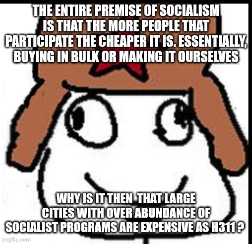 Talking to you NY, LA, CHI... | THE ENTIRE PREMISE OF SOCIALISM IS THAT THE MORE PEOPLE THAT PARTICIPATE THE CHEAPER IT IS. ESSENTIALLY,  BUYING IN BULK OR MAKING IT OURSELVES; WHY IS IT THEN  THAT LARGE CITIES WITH OVER ABUNDANCE OF SOCIALIST PROGRAMS ARE EXPENSIVE AS H311 ? | image tagged in funny memes | made w/ Imgflip meme maker