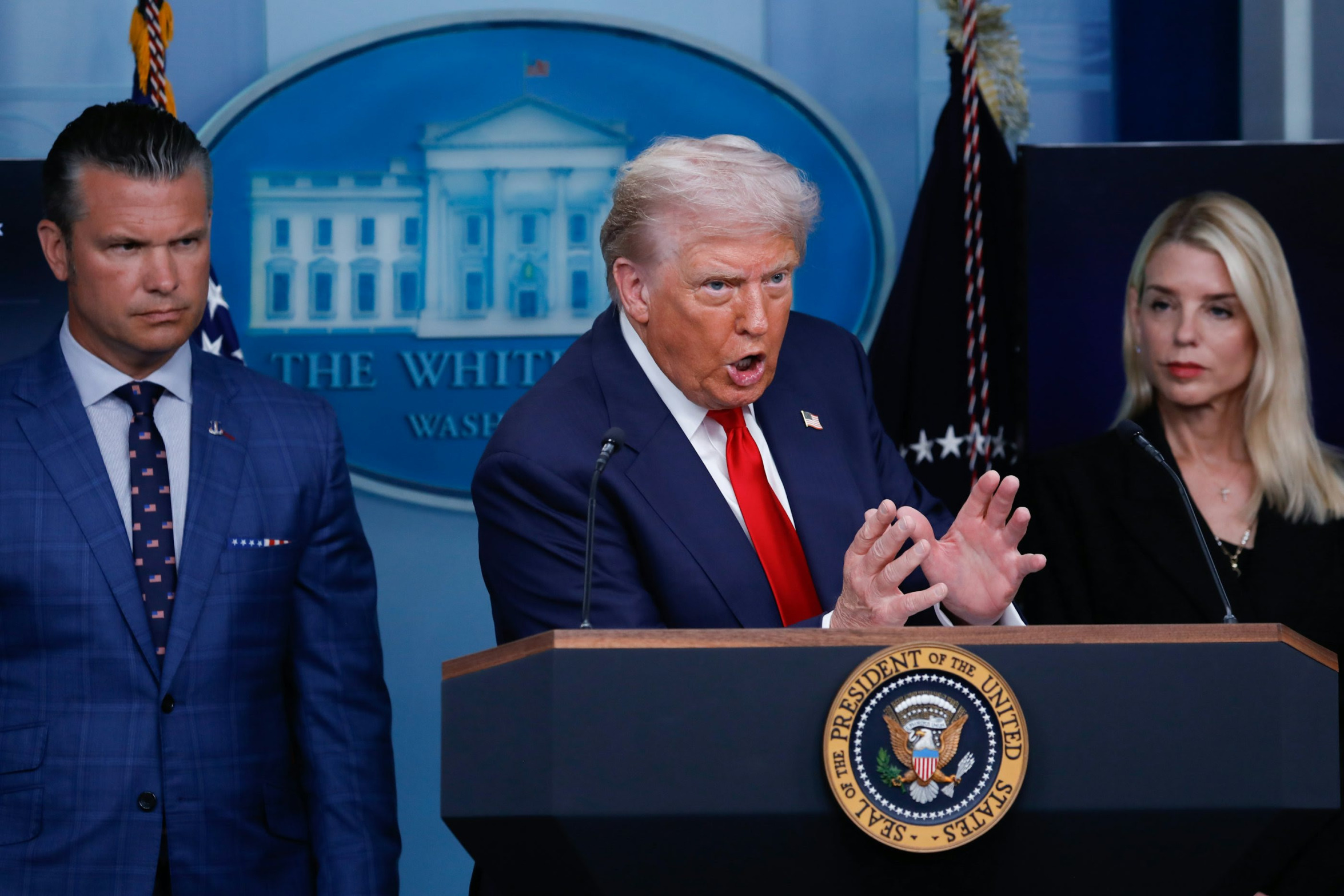 Two batsh*t criminals and a co-conspirator. Hegseth, Trump,Bondi Blank Meme Template