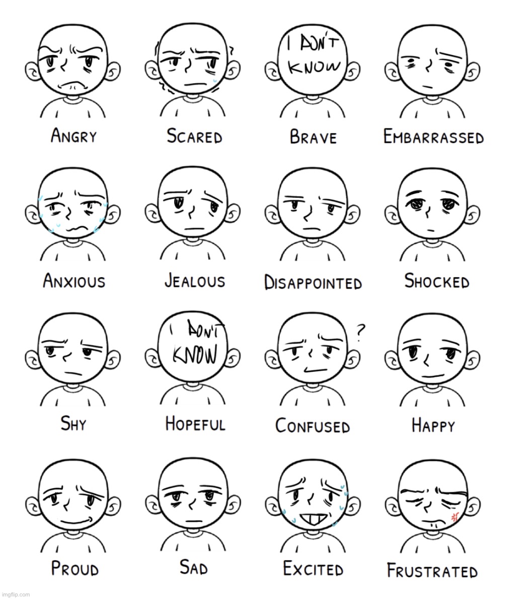 Tried my best to somewhat draw my expressions (how my face looks when im in a certain state) | made w/ Imgflip meme maker
