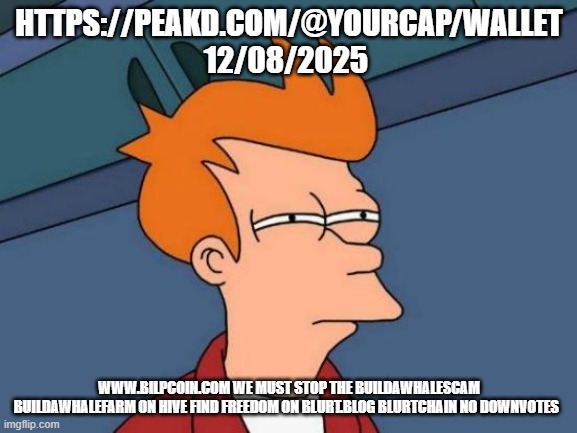 Futurama Fry Meme | HTTPS://PEAKD.COM/@YOURCAP/WALLET 12/08/2025; WWW.BILPCOIN.COM WE MUST STOP THE BUILDAWHALESCAM BUILDAWHALEFARM ON HIVE FIND FREEDOM ON BLURT.BLOG BLURTCHAIN NO DOWNVOTES | image tagged in memes,futurama fry | made w/ Imgflip meme maker