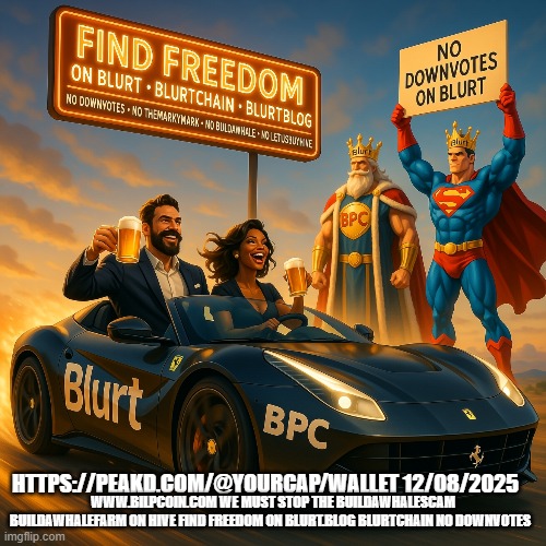 HTTPS://PEAKD.COM/@YOURCAP/WALLET 12/08/2025; WWW.BILPCOIN.COM WE MUST STOP THE BUILDAWHALESCAM BUILDAWHALEFARM ON HIVE FIND FREEDOM ON BLURT.BLOG BLURTCHAIN NO DOWNVOTES | made w/ Imgflip meme maker