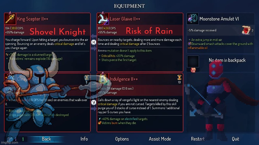 Having 2 crossover weapons in Dead Cells for my starting equipment is actually crazy | Risk of Rain; Shovel Knight | made w/ Imgflip meme maker