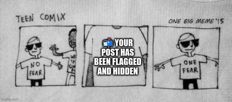 No Fear One Fear | 📬 YOUR POST HAS BEEN FLAGGED AND HIDDEN | image tagged in no fear one fear | made w/ Imgflip meme maker