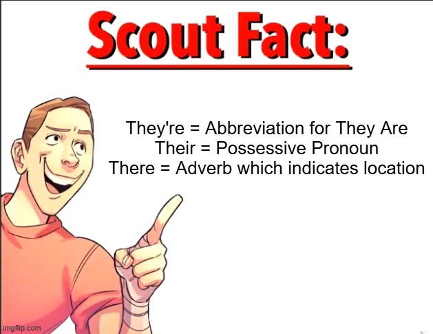 Scout Fact | They're = Abbreviation for They Are

Their = Possessive Pronoun
There = Adverb which indicates location | image tagged in scout fact | made w/ Imgflip meme maker