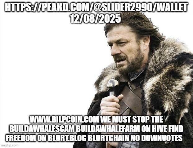 Brace Yourselves X is Coming Meme | HTTPS://PEAKD.COM/@SLIDER2990/WALLET 12/08/2025; WWW.BILPCOIN.COM WE MUST STOP THE BUILDAWHALESCAM BUILDAWHALEFARM ON HIVE FIND FREEDOM ON BLURT.BLOG BLURTCHAIN NO DOWNVOTES | image tagged in memes,brace yourselves x is coming | made w/ Imgflip meme maker