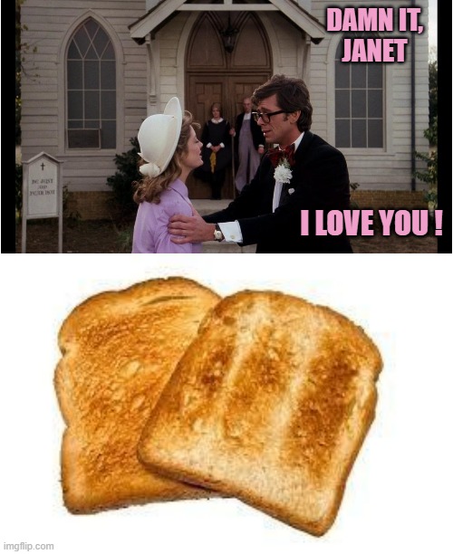 DAMN IT,
JANET I LOVE YOU ! | image tagged in damn it janet,toast | made w/ Imgflip meme maker