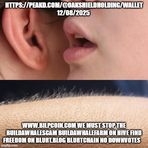 Whisper and Goosebumps | HTTPS://PEAKD.COM/@OAKSHIELDHOLDING/WALLET 12/08/2025; WWW.BILPCOIN.COM WE MUST STOP THE BUILDAWHALESCAM BUILDAWHALEFARM ON HIVE FIND FREEDOM ON BLURT.BLOG BLURTCHAIN NO DOWNVOTES | image tagged in whisper and goosebumps | made w/ Imgflip meme maker