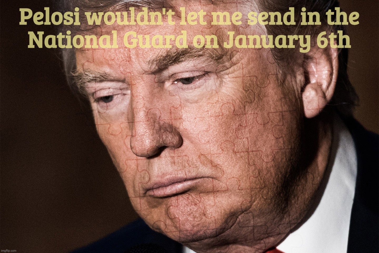 Trump Sad | Pelosi wouldn't let me send in the
National Guard on January 6th | image tagged in trump sad | made w/ Imgflip meme maker