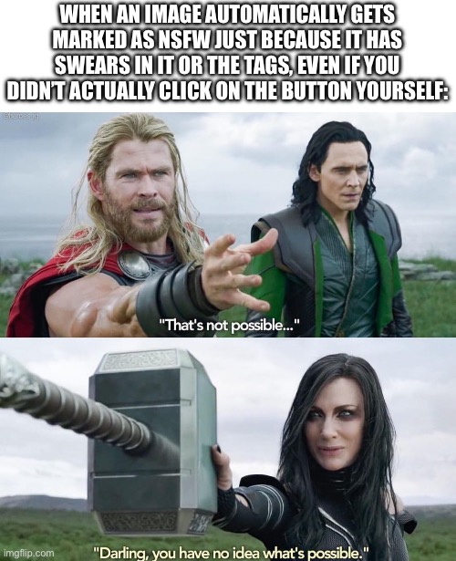 Imgflip logic be like: | WHEN AN IMAGE AUTOMATICALLY GETS MARKED AS NSFW JUST BECAUSE IT HAS SWEARS IN IT OR THE TAGS, EVEN IF YOU DIDN’T ACTUALLY CLICK ON THE BUTTON YOURSELF: | image tagged in that s not possible,imgflip community,imgflip mods,meanwhile on imgflip,bruh moment,logic | made w/ Imgflip meme maker