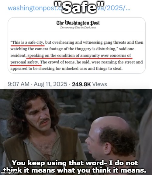 The Democrat definition of a "safe city". | "Safe"; You keep using that word- I do not think it means what you think it means. | image tagged in you keep using that word,democrat,crime | made w/ Imgflip meme maker