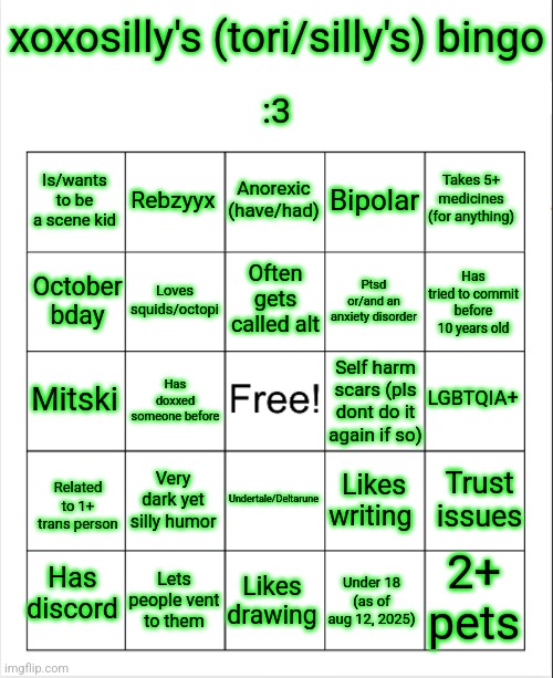 High Quality xoxosilly bingo (aug 12, 2025) Blank Meme Template
