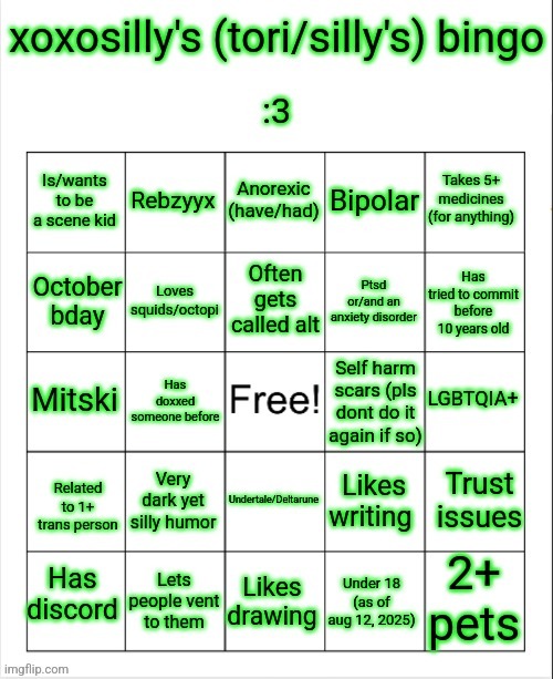 I made a bingoo | image tagged in xoxosilly bingo aug 12 2025 | made w/ Imgflip meme maker