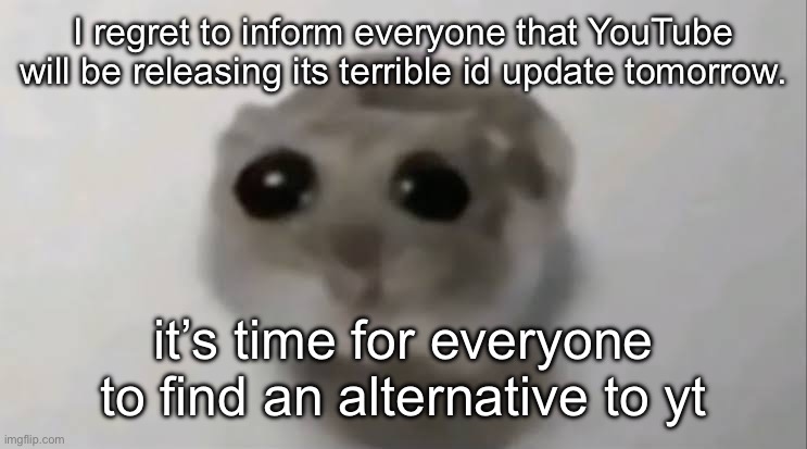 goodbye | I regret to inform everyone that YouTube will be releasing its terrible id update tomorrow. it’s time for everyone to find an alternative to yt | image tagged in sad hamster | made w/ Imgflip meme maker
