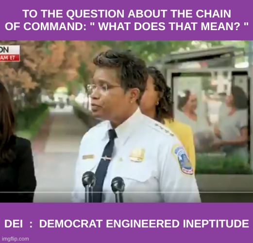 When they didn't earn it but were democratically engineered ineptitude | TO THE QUESTION ABOUT THE CHAIN OF COMMAND: " WHAT DOES THAT MEAN? "; DEI  :  DEMOCRAT ENGINEERED INEPTITUDE | made w/ Imgflip meme maker