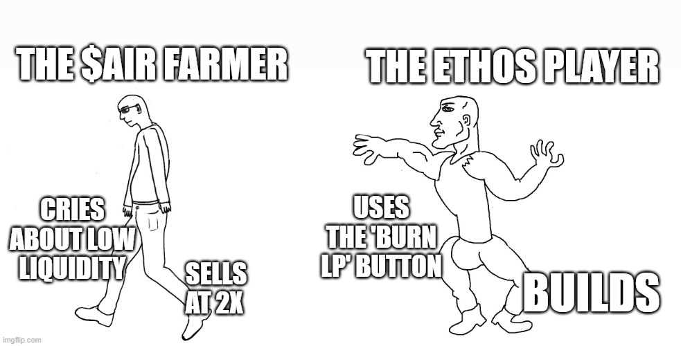 EthOS | THE $AIR FARMER; THE ETHOS PLAYER; CRIES ABOUT LOW LIQUIDITY; USES THE 'BURN LP' BUTTON; SELLS AT 2X; BUILDS | image tagged in virgin walk vs chad stride | made w/ Imgflip meme maker
