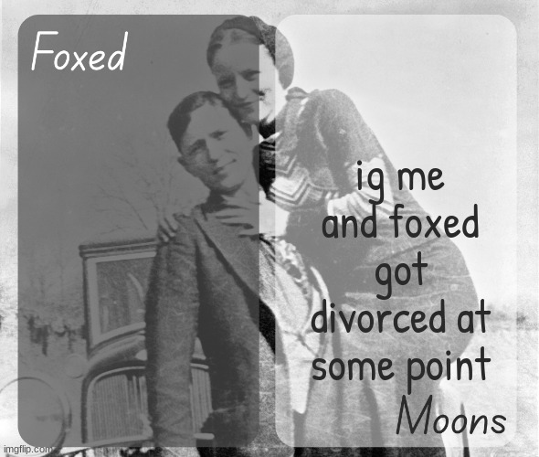 Foxed n Moons - Bonnie and Clyde temp | ig me and foxed got divorced at some point | image tagged in foxed n moons - bonnie and clyde temp | made w/ Imgflip meme maker