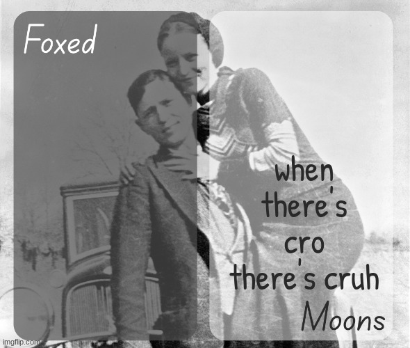 Foxed n Moons - Bonnie and Clyde temp | when there's cro there's cruh | image tagged in foxed n moons - bonnie and clyde temp | made w/ Imgflip meme maker