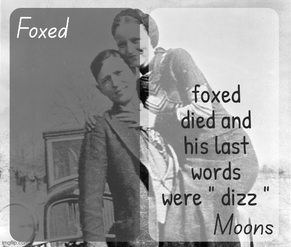 Foxed n Moons - Bonnie and Clyde temp | foxed died and his last words were " dizz " | image tagged in foxed n moons - bonnie and clyde temp | made w/ Imgflip meme maker