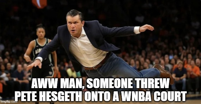Poor Pete | AWW MAN, SOMEONE THREW PETE HESGETH ONTO A WNBA COURT | image tagged in politics | made w/ Imgflip meme maker