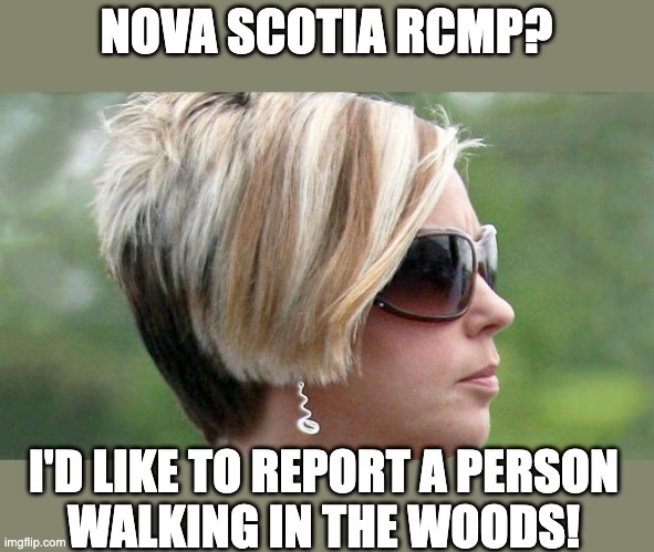 Karen | NOVA SCOTIA RCMP? I'D LIKE TO REPORT A PERSON
WALKING IN THE WOODS! | image tagged in karen | made w/ Imgflip meme maker