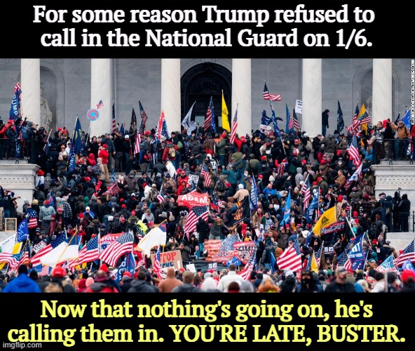 Election Interference Trump-Style capitol riot insurrection | For some reason Trump refused to 
call in the National Guard on 1/6. Now that nothing's going on, he's calling them in. YOU'RE LATE, BUSTER. | image tagged in election interference trump-style capitol riot insurrection,trump,insurrection,riot,national guard | made w/ Imgflip meme maker
