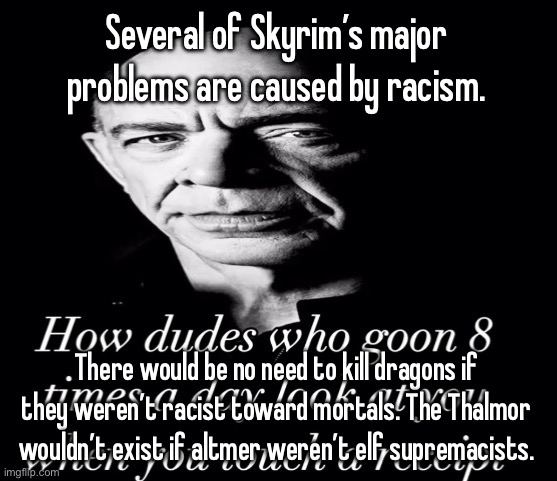 reaction image | Several of Skyrim’s major problems are caused by racism. There would be no need to kill dragons if they weren’t racist toward mortals. The Thalmor wouldn’t exist if altmer weren’t elf supremacists. | image tagged in reaction image | made w/ Imgflip meme maker
