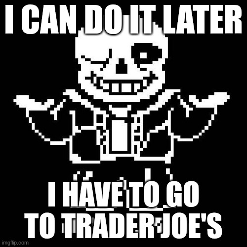 sorry | I CAN DO IT LATER; I HAVE TO GO TO TRADER JOE'S | image tagged in sans undertale | made w/ Imgflip meme maker